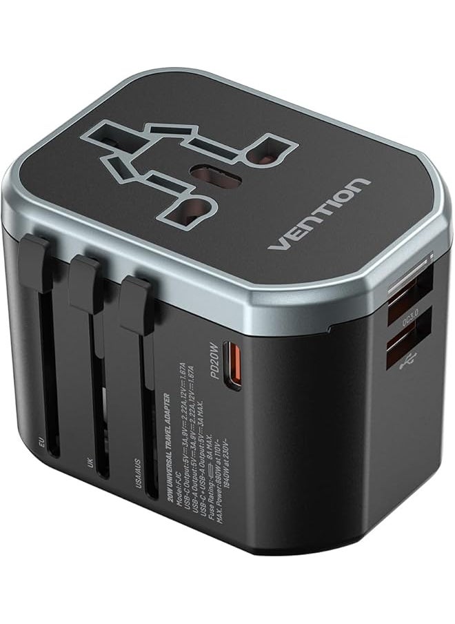 VENTION VENTION 3-Port USB (C + A + A) Universal Travel Adapter (20W/18W/18W) Black  - Image 1