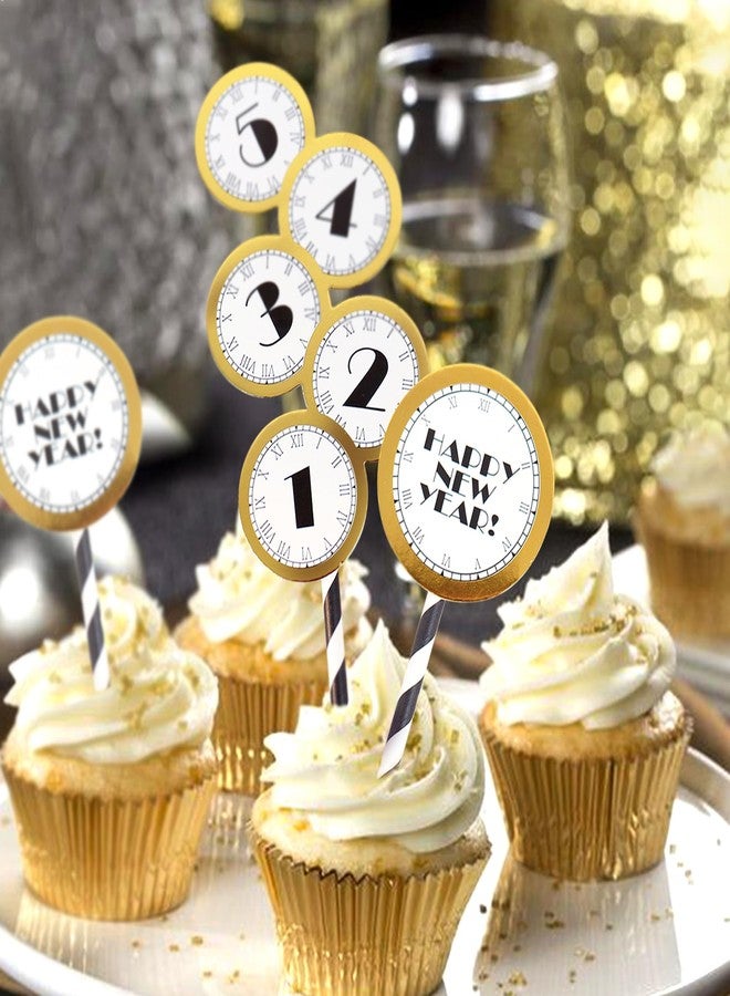 Ercadio 6 Pack Happy New Year Cupcake Toppers Gold Countdown Cupcake Picks 2025 Cake Pick for New Year Party Decor Supplies - Image 4