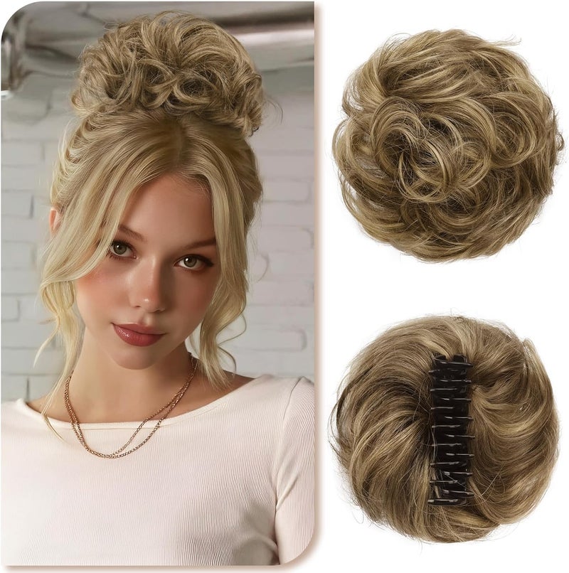 SOFEIYAN Claw Clip Messy Bun 100% Human Hair Buns Curly Hairpieces with Clip Real Hair Chignon Tousled Updo Scrunchie Hairpiece with Clips Hair Accessories for Women-light Brown with Blonde Highlights - Image 1