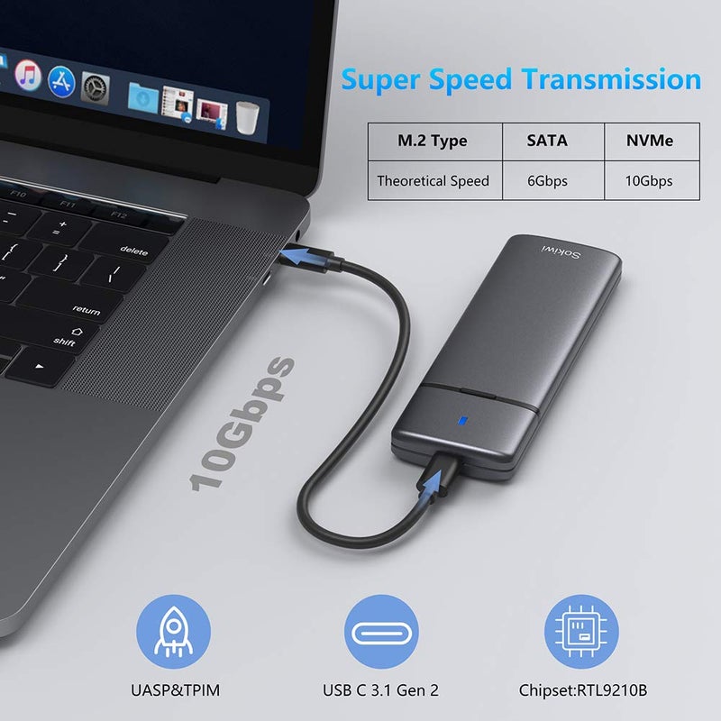Sokiwi M.2 NVMe SATA SSD Enclosure Adapter Tool-Free,Sokiwi USB 3.2 Gen2 10Gbps External to USB PCI-E 6Gbps SATA M-Key / B+M Key, NVMe Reader Support UASP Trim for SSDs 2230/2242/2260/2280 - Image 2