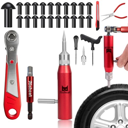Richcat Tubeless Tire Puncture Repair Kit with Mushroom Plug, Repairs punctures and Flat Tires for Motorcycles, Cars, Trucks, ATVs and Tractors - Image 1