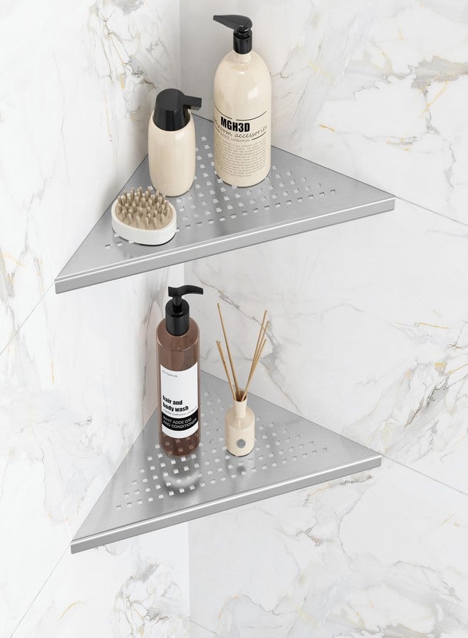 Qeke Corner Shower Shelves, 10” Recessed Tile Shower Shelf Brushed Nickel, 304 Stainless Steel Grout in Corner Tile Bathroom Shelves, No Drilling, 2 Pack - Image 1