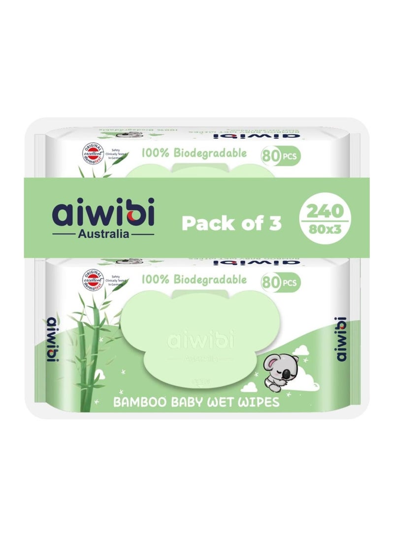 Aiwibi 100% Skin-friendly Bamboo Baby Wet Wipes 80 Sheets- Pack of 3 (240 Pcs) Baby Wipes Ultra-Soft Wet Wipes - Paraben & Alcohol Free for Newborns Sensitive Skin Diapers Wipes (Bamboo 240Pcs)