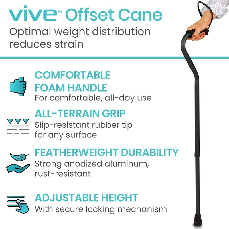 Vive Offset Walking Cane with ComfortFoam Handle  for Women Men Seniors  Lightweight  Adjustable Single Point Walking Stick with a NonSlip Tip for Stability Balance  Support - Image 2