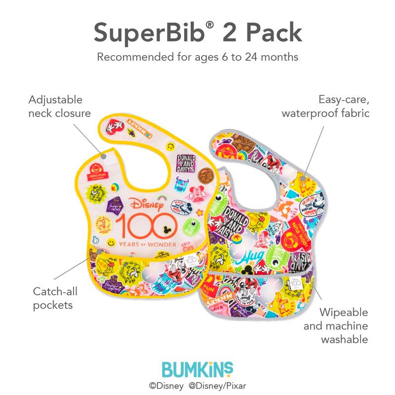 Bumkins Disney Bibs for Girl or Boy, SuperBib Baby and Toddler for 6-24 Months, Essential Must Have for Eating, Feeding, Baby Led Weaning, Mess Saving Catch Food, Fabric, 2-pk 100 Happy Faces - Image 5