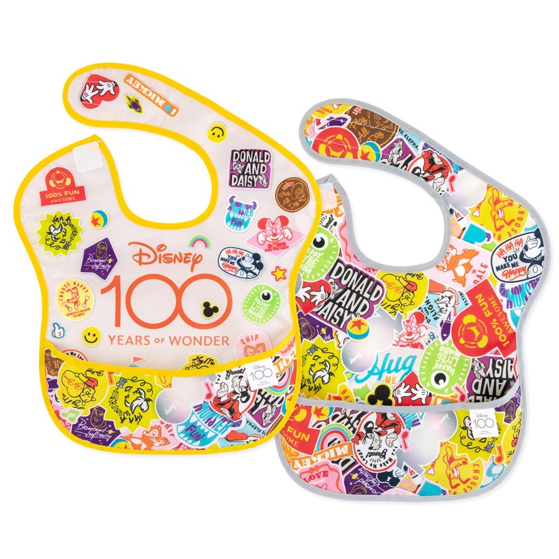 Bumkins Disney Bibs for Girl or Boy, SuperBib Baby and Toddler for 6-24 Months, Essential Must Have for Eating, Feeding, Baby Led Weaning, Mess Saving Catch Food, Fabric, 2-pk 100 Happy Faces - Image 1