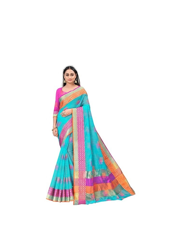 Accessorize Kingdom - Women's Embroidered Cotton Linen Silver Zari Patta Saree With Unstitched Blouse Piece - Image 1