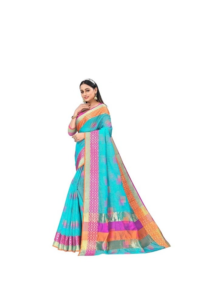 Accessorize Kingdom - Women's Embroidered Cotton Linen Silver Zari Patta Saree With Unstitched Blouse Piece - Image 1