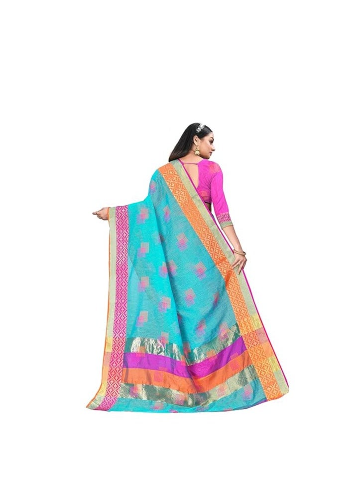 Accessorize Kingdom - Women's Embroidered Cotton Linen Silver Zari Patta Saree With Unstitched Blouse Piece - Image 1