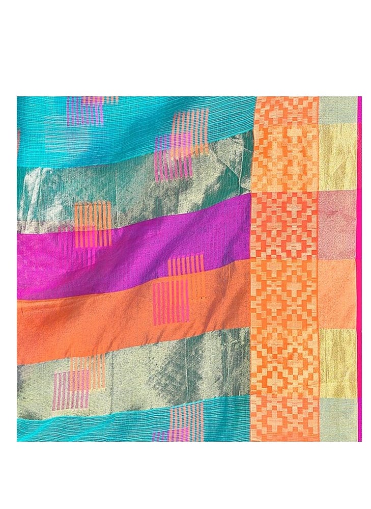 Accessorize Kingdom - Women's Embroidered Cotton Linen Silver Zari Patta Saree With Unstitched Blouse Piece - Image 1