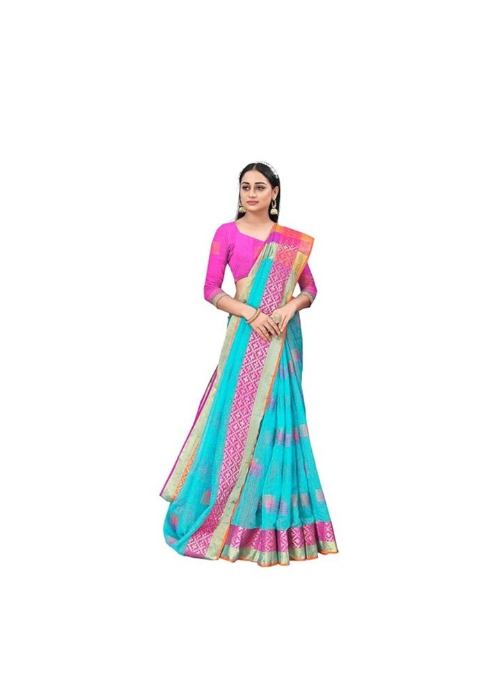 Accessorize Kingdom - Women's Embroidered Cotton Linen Silver Zari Patta Saree With Unstitched Blouse Piece - Image 1