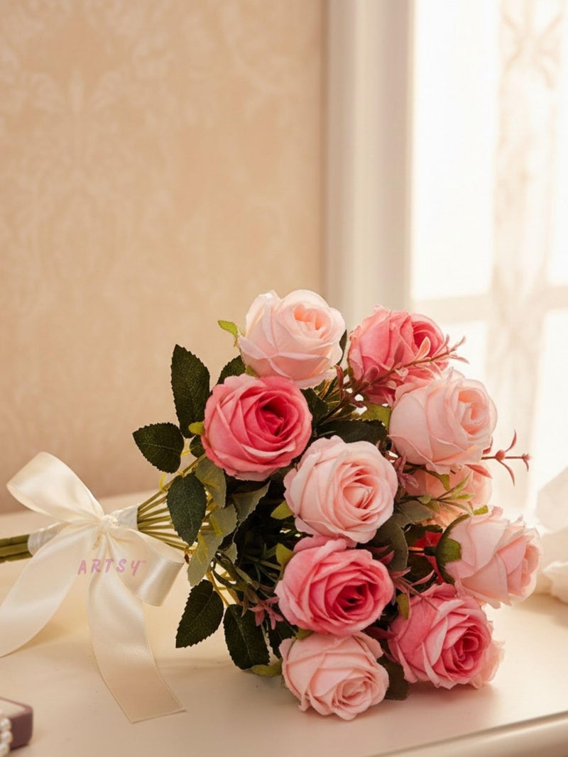 ARTSY® Artificial Flowers Bunch for Decoration Rose Flowers, Ideal for vase, Home, Office Decor, Gifts, Craft, Artificial Plants, Without vase, Pink, Combo, 1 Piece, Pink, 35 cm Height - Image 4