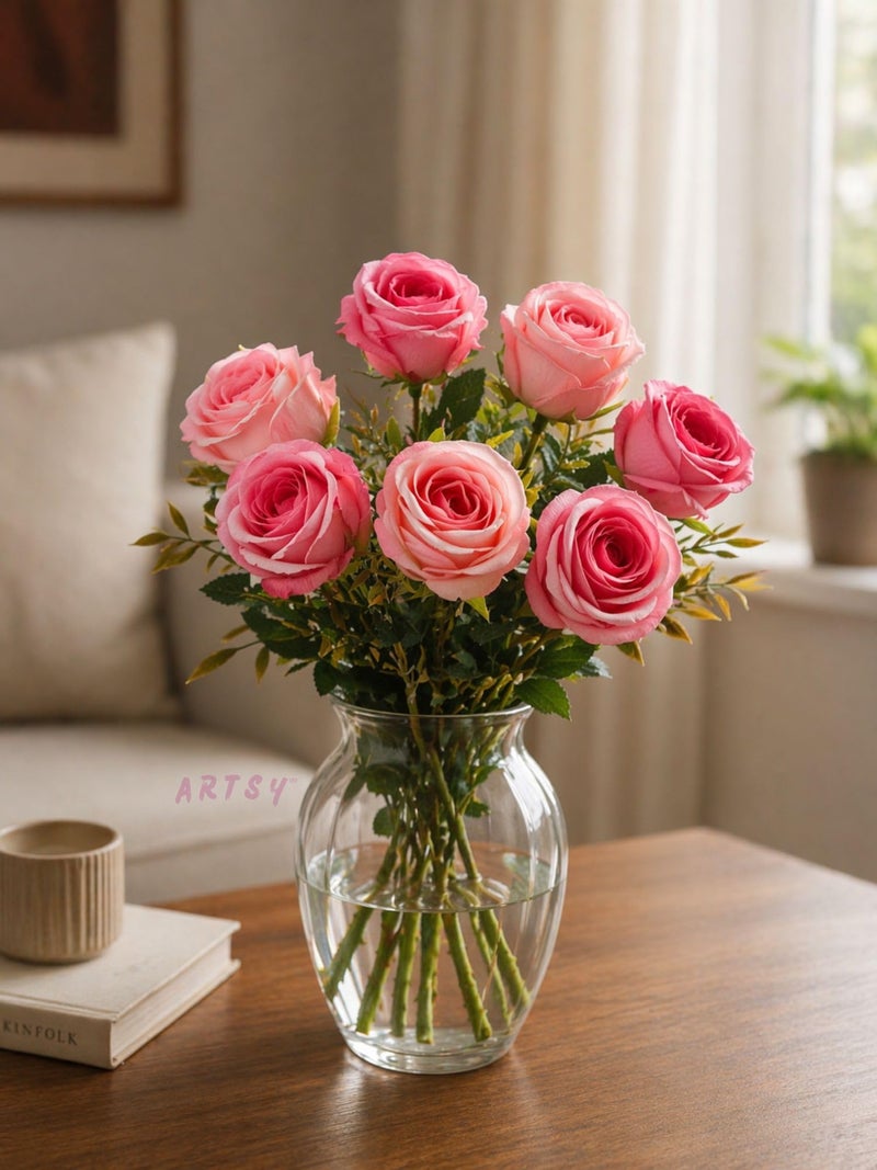 ARTSY® Artificial Flowers Bunch for Decoration Rose Flowers, Ideal for vase, Home, Office Decor, Gifts, Craft, Artificial Plants, Without vase, Pink, Combo, 1 Piece, Pink, 35 cm Height - Image 1