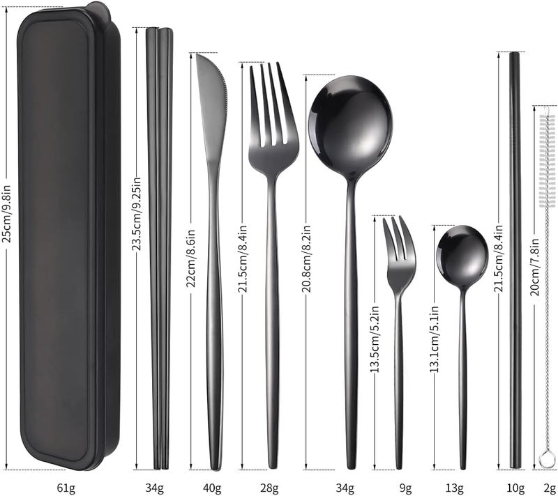 AARainbow 8 Pieces Stainless Steel Flatware Set Portable Reusable Cutlery Set Travel Utensils Set Including Chopsticks Knife Fork Spoon Straws Cleaning Brush Dishwasher Safe (Black) - Image 2