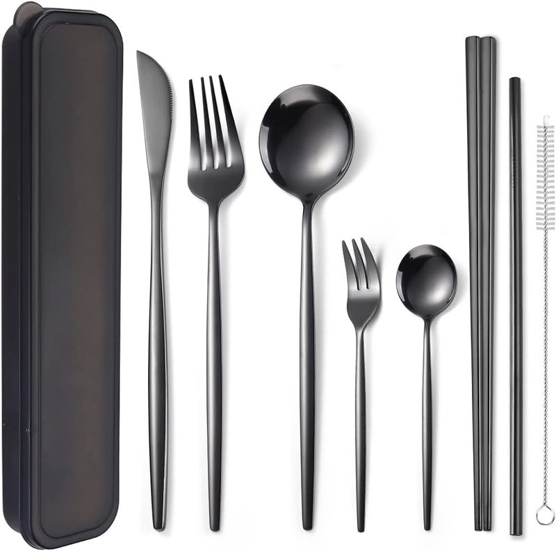 AARainbow 8 Pieces Stainless Steel Flatware Set Portable Reusable Cutlery Set Travel Utensils Set Including Chopsticks Knife Fork Spoon Straws Cleaning Brush Dishwasher Safe (Black) - Image 1