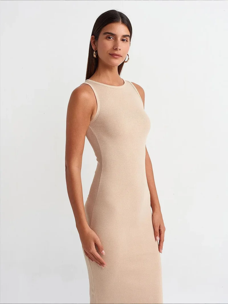 Dilvin Beige Natural DILVIN Sleeveless Bodycon Midi Dress for Women | Best Price UAE