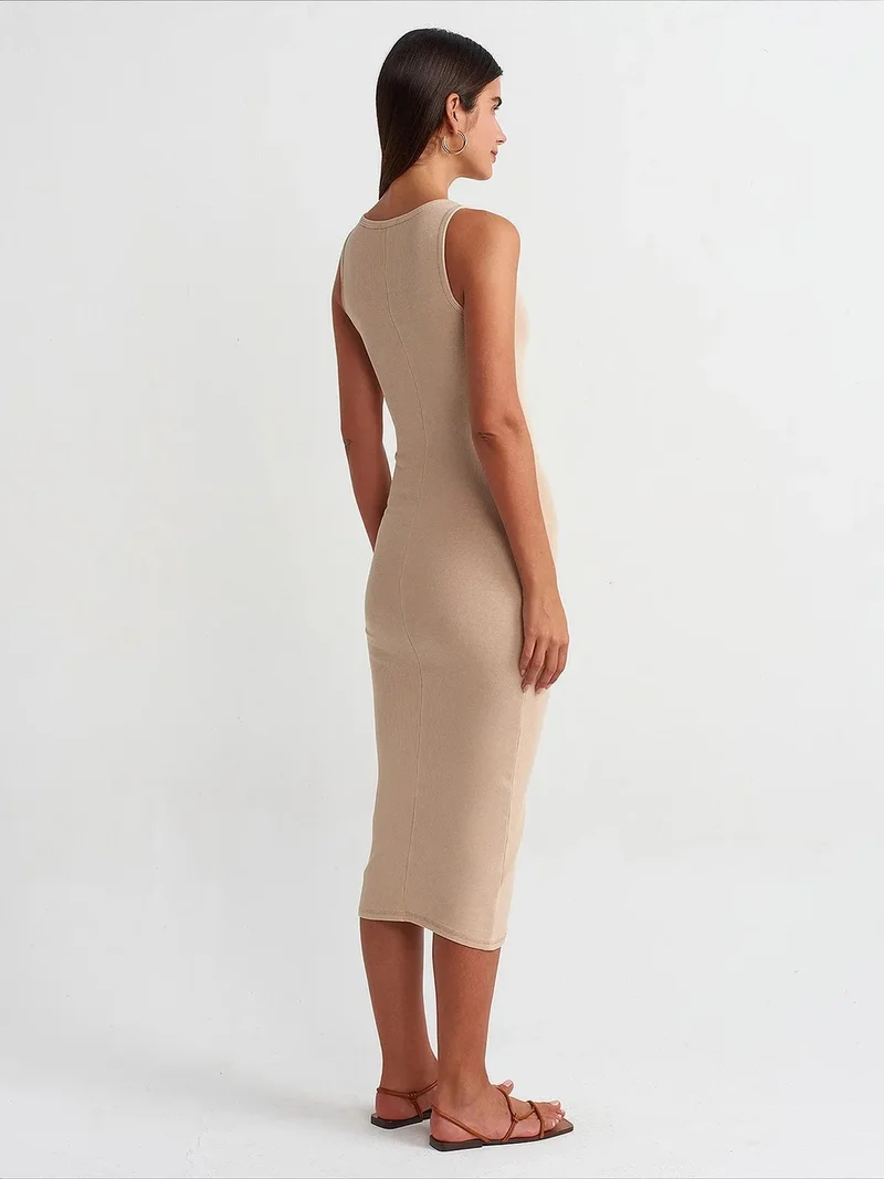Dilvin Beige Natural DILVIN Sleeveless Bodycon Midi Dress for Women | Best Price UAE