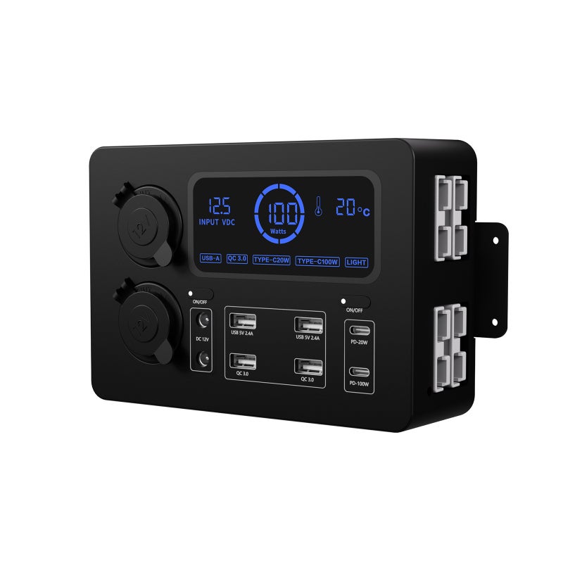 صندوق الطاقة المصغر، صندوق طاقة 12 فولت 100 واط مع شاشة عرض LCD ومصابيح LED، ومماثلات USB-C وQC3.0، مركز تحكم محمول للمركبات المركبة المنزلية (RVs) والسيارات الكبيرة (SUVs) والقوارب واليخوت والسيارات - Image 3