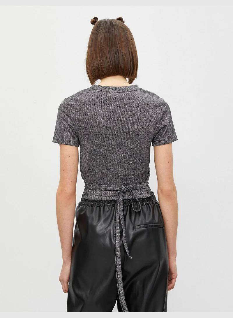 كوتون Short Sleeve T-Shirt Crew Neck Slim Crop Drawstring