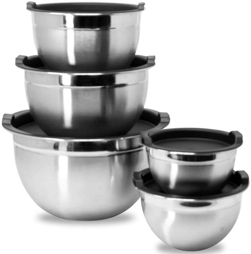 Whysko Stainless Steel Mixing Bowls With Lids Plus Stainless Steel Whisk  Potato Masher And Grater Lids  5 Nesting Mixing Bowls And Kitchen Tools For Meal Prep  Cooking  Baking  Serving  Food Storage - Image 1