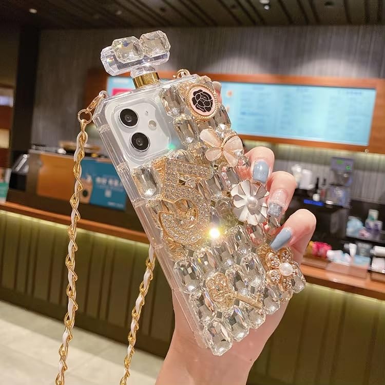 COVERLY Rubber Cute 3D Diamond Perfume Bottle Phone Case,Full Protective Case Jewellery Rhinestones Luxury Crystal Glitter Bling with Crossbody Rope Sling Cover for Apple iPhone 16 Pro Max - Image 3