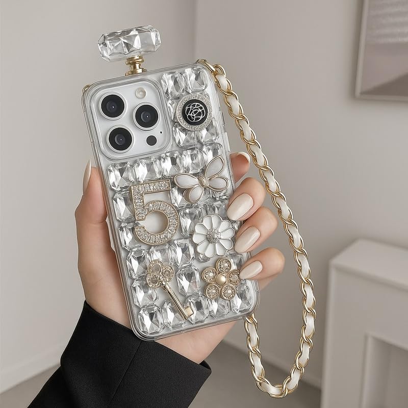 COVERLY Rubber Cute 3D Diamond Perfume Bottle Phone Case,Full Protective Case Jewellery Rhinestones Luxury Crystal Glitter Bling with Crossbody Rope Sling Cover for Apple iPhone 16 Pro Max - Image 1