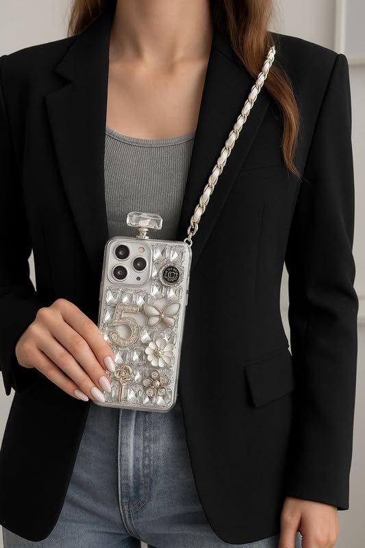 COVERLY Rubber Cute 3D Diamond Perfume Bottle Phone Case,Full Protective Case Jewellery Rhinestones Luxury Crystal Glitter Bling with Crossbody Rope Sling Cover for Apple iPhone 16 Pro Max - Image 2