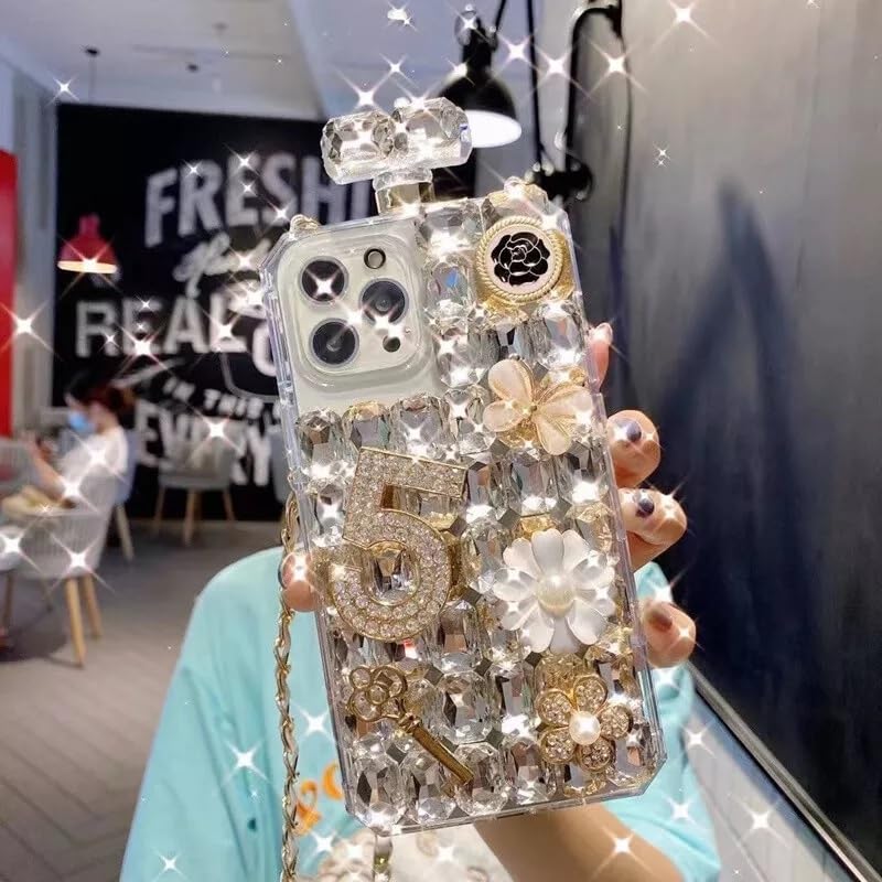 COVERLY Rubber Cute 3D Diamond Perfume Bottle Phone Case,Full Protective Case Jewellery Rhinestones Luxury Crystal Glitter Bling with Crossbody Rope Sling Cover for Apple iPhone 16 Pro Max - Image 5