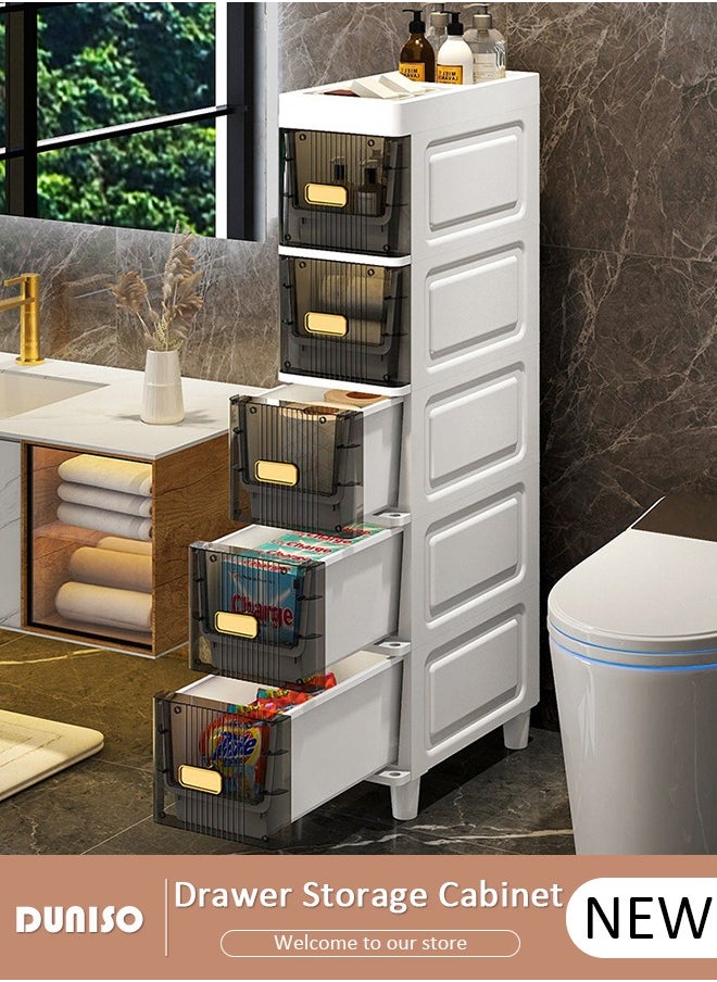 DUNISO 5 Tier Plastic Drawer Storage Cabinet, Vertical  Narrow Storage Cabinets With Drawers, Clothes/Toys Storage Box Cabinet, Multifunctional Organizer Unit for Bedroom Gap, Bathroom, Hallway, Entryway, Kitchen, Closets,Toys  - Image 1