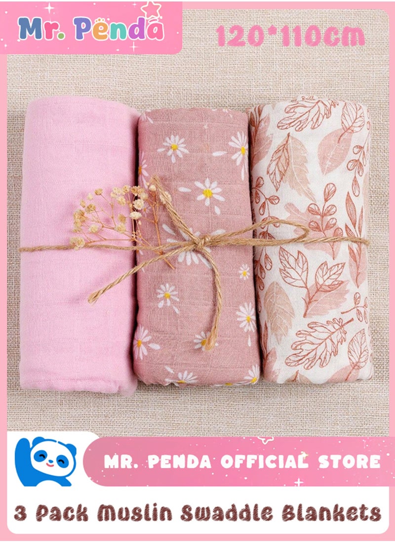 Mr. Penda Muslin Swaddle Blankets for Baby, 3 Pack Breathable Soft Receiving Blanket, Large 120*110cm Swaddle Wrap Burping Clothes, Essentials Infant Shower Items, Toddler Gift (Flower Pattern)  - Image 1