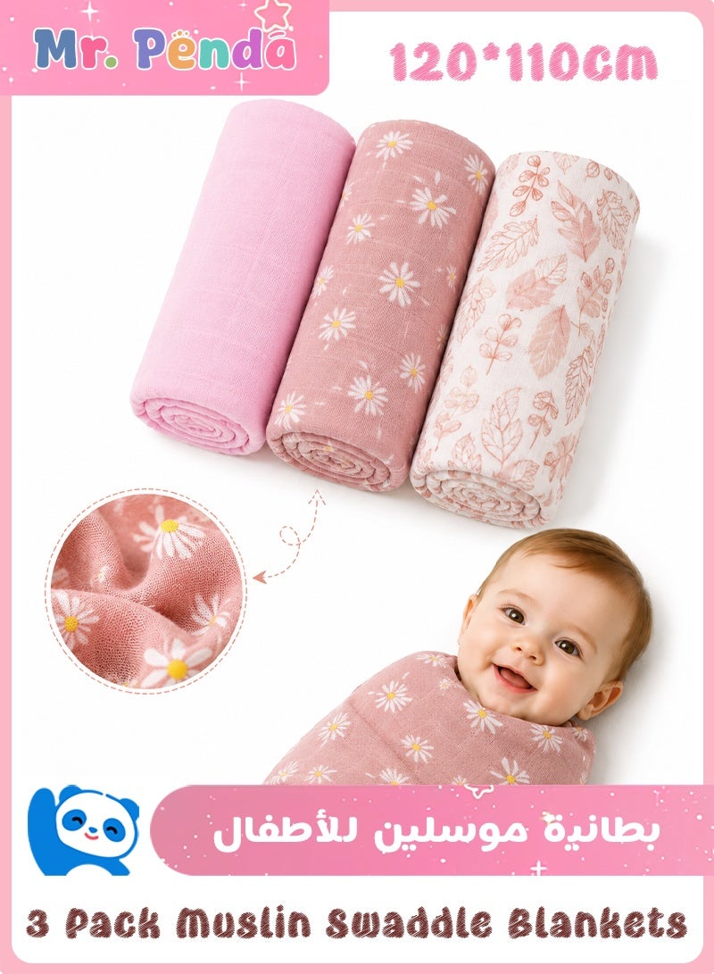 Mr. Penda Muslin Swaddle Blankets for Baby, 3 Pack Breathable Soft Receiving Blanket, Large 120*110cm Swaddle Wrap Burping Clothes, Essentials Infant Shower Items, Toddler Gift (Flower Pattern) - Image 1