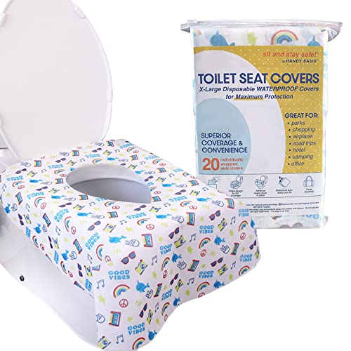 Handy Basix XL Full Coverage Disposable Toilet Seat Covers for Kids, Adults & Potty Training, Waterproof, 20 Pcs - Single Wrapped (Good Vibes) - Image 1