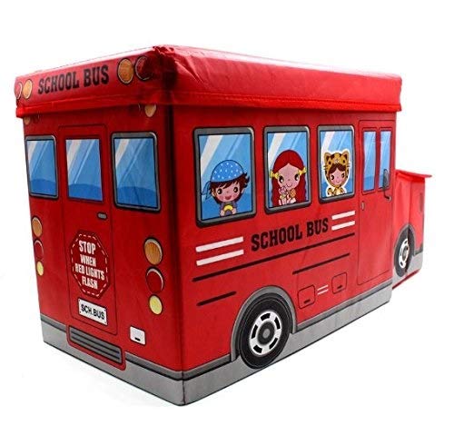 Inditradition Kids School Bus Shape Storage Box with Lid Cum Sitting Stool Cum Playing Toy Collapsible Hard Cardboard Red - Image 3