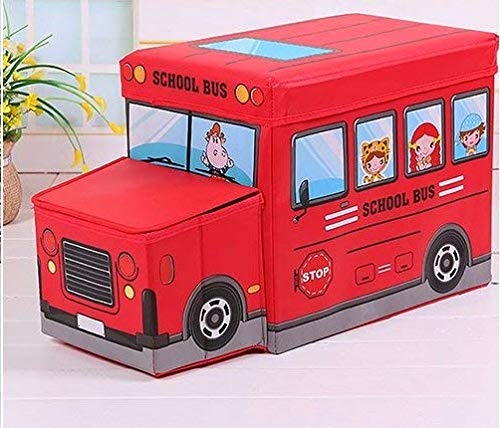Inditradition Kids School Bus Shape Storage Box with Lid Cum Sitting Stool Cum Playing Toy Collapsible Hard Cardboard Red - Image 2