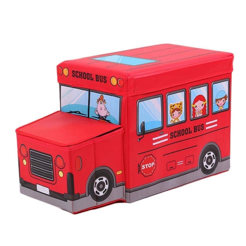 Inditradition Kids School Bus Shape Storage Box with Lid Cum Sitting Stool Cum Playing Toy Collapsible Hard Cardboard Red - Image 1
