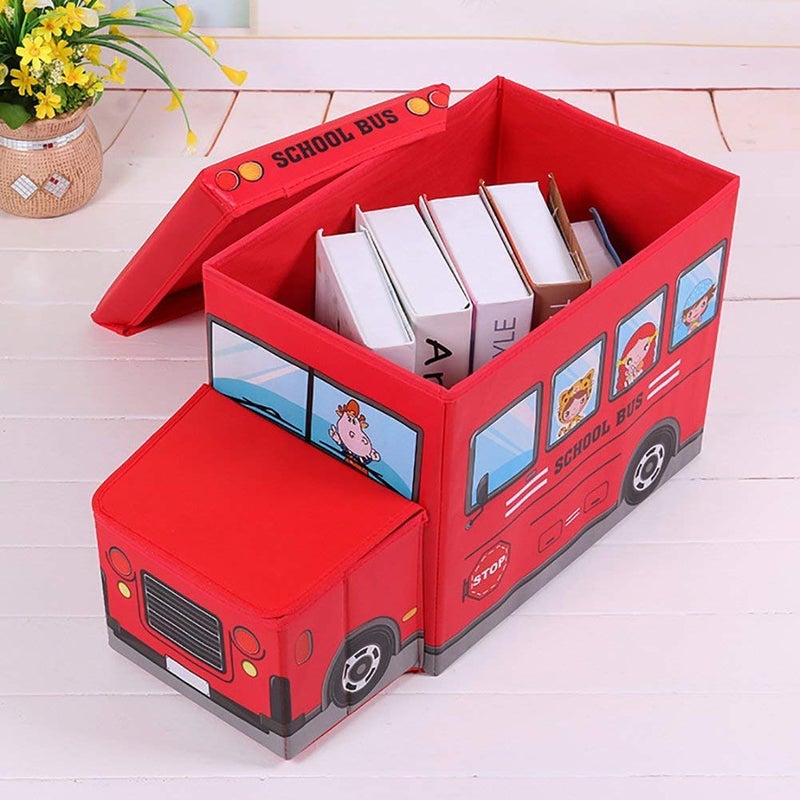 Inditradition Kids School Bus Shape Storage Box with Lid Cum Sitting Stool Cum Playing Toy Collapsible Hard Cardboard Red - Image 5