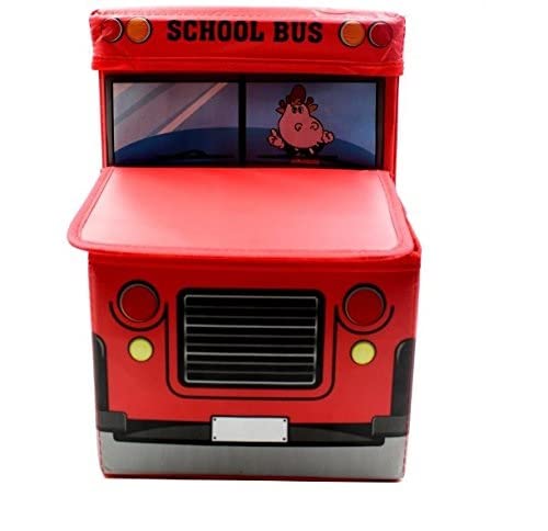 Inditradition Kids School Bus Shape Storage Box with Lid Cum Sitting Stool Cum Playing Toy Collapsible Hard Cardboard Red - Image 4
