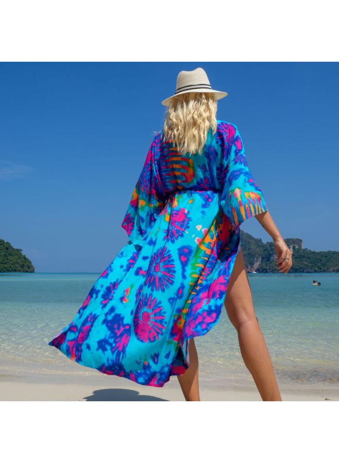 Generic Cotton Print Cardigan Vacation Casual Beach Bikini Mousse 1062 22 Color-Color:Blue Background Rose Halo 13- - Image 1