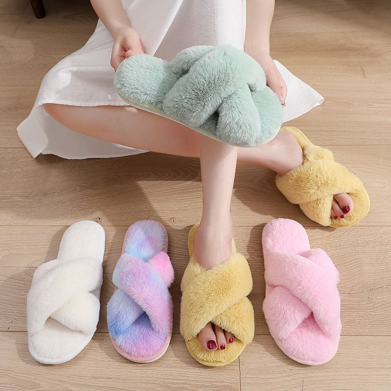 Cross-Strap Plush Slippers Indoor Warm Cotton Shoes Thickened Leaky Toe Furry Slippers - Image 2