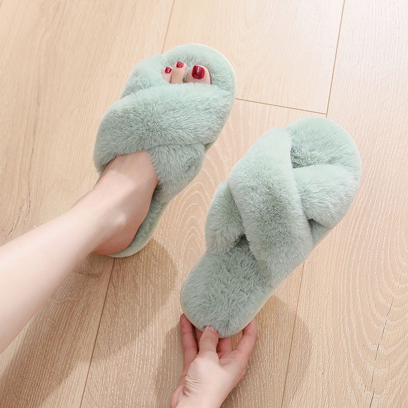 Cross-Strap Plush Slippers Indoor Warm Cotton Shoes Thickened Leaky Toe Furry Slippers - Image 3