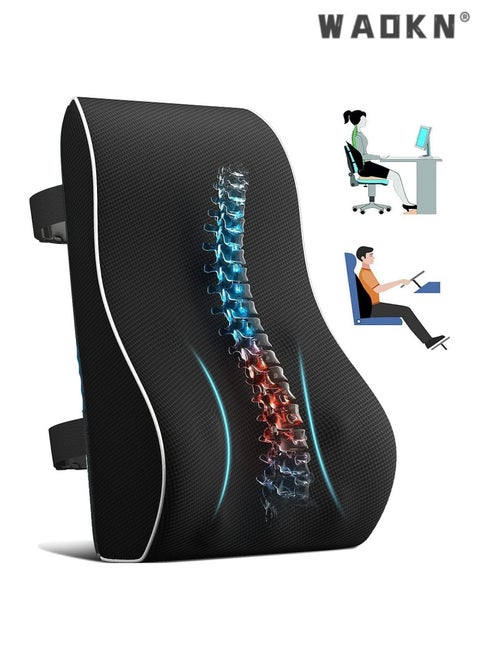 Lumbar Support Pillow for Office Chair Memory Foam Back Cushion for Back Pain Relief Improve Posture Large Back Pillow for Car, Computer Chair, Recliner Breathable Mesh Cover Double Adjustable Straps