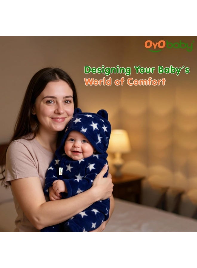 OYO BABY Baby Hooded Blankets Combo | for New Born Babies Baby Boys, Baby Girls, Babies for 0-6 Months, Fleece, Skin Friendly, 2 Blankets (Star Dark Blue + Star Pink) - Image 3