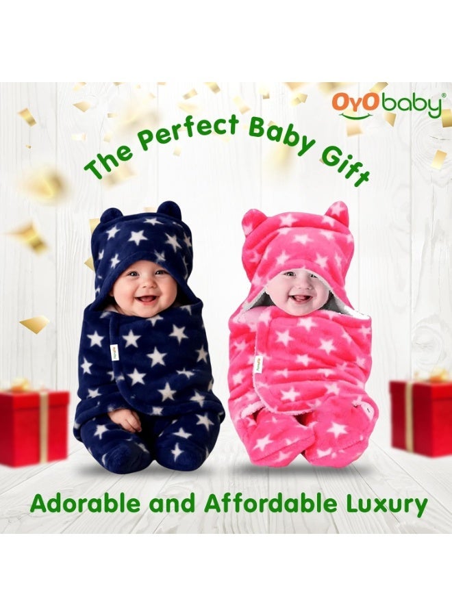 OYO BABY Baby Hooded Blankets Combo | for New Born Babies Baby Boys, Baby Girls, Babies for 0-6 Months, Fleece, Skin Friendly, 2 Blankets (Star Dark Blue + Star Pink) - Image 4
