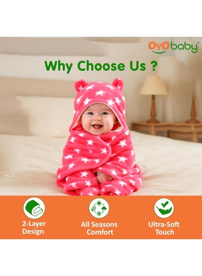 OYO BABY Baby Hooded Blankets Combo | for New Born Babies Baby Boys, Baby Girls, Babies for 0-6 Months, Fleece, Skin Friendly, 2 Blankets (Star Dark Blue + Star Pink) - Image 2