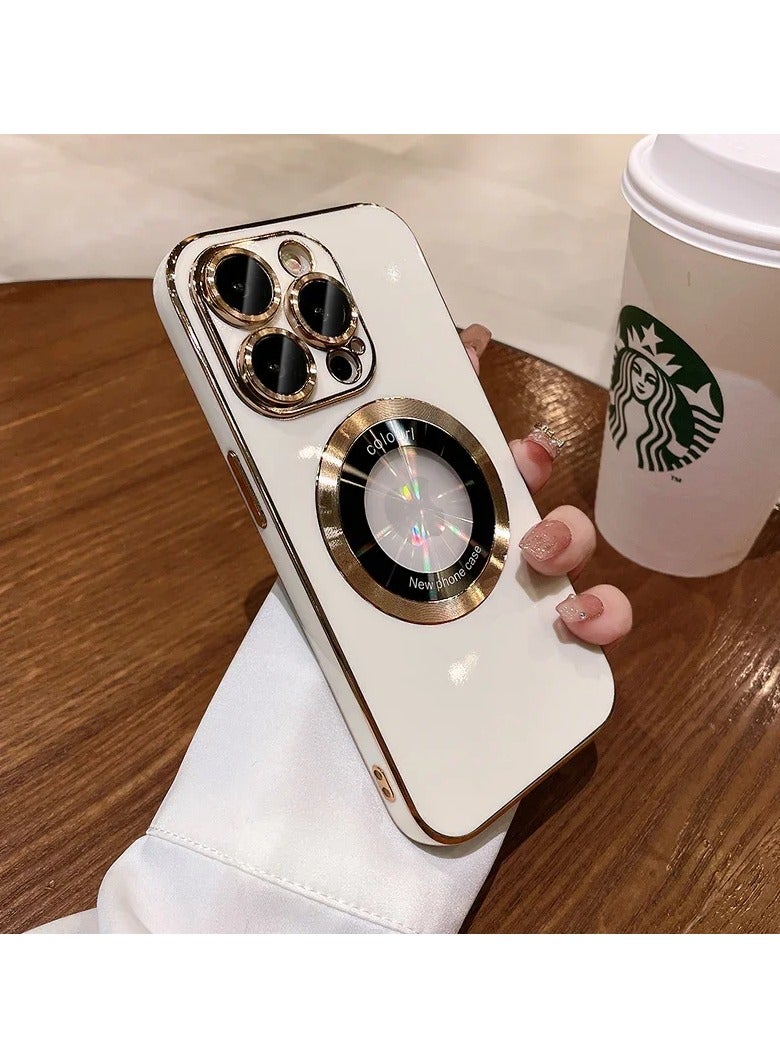 AROAQ Magnetic Case For Iphone, Wireless Charging Magsafe Lens Film Cover, Anti-scratch Luxury Plating Logo Hole Strong Magnetic Case For Iphone 15 Pro Max, 15 Plus, Pro, ( White Color) - Image 1