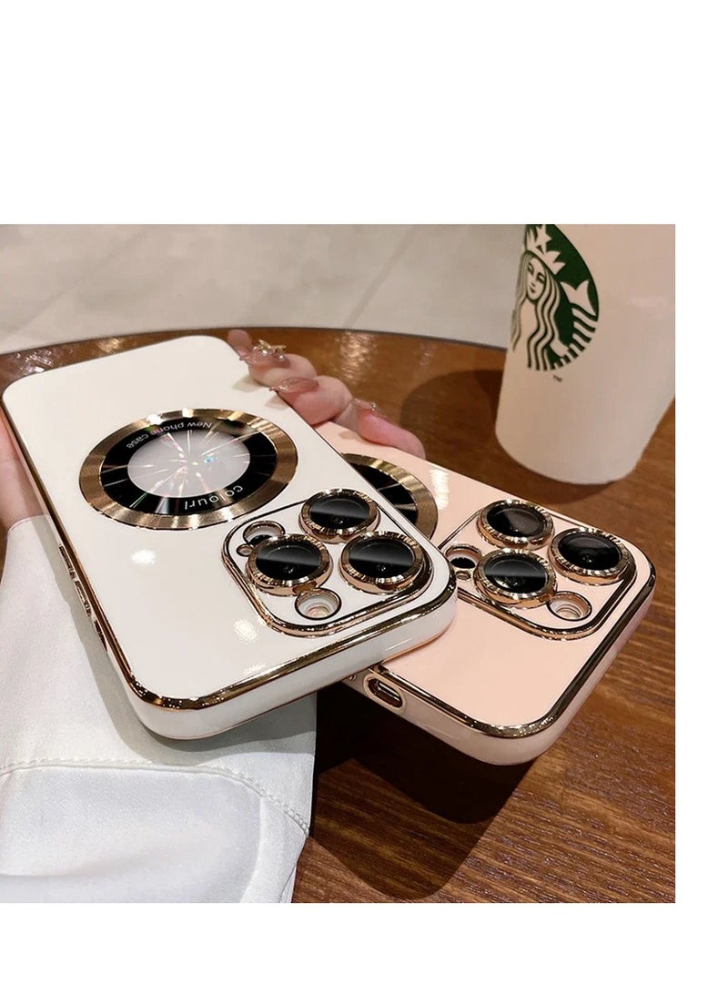 AROAQ Magnetic Case For Iphone, Wireless Charging Magsafe Lens Film Cover, Anti-scratch Luxury Plating Logo Hole Strong Magnetic Case For Iphone 15 Pro Max, 15 Plus, Pro, ( White Color) - Image 2