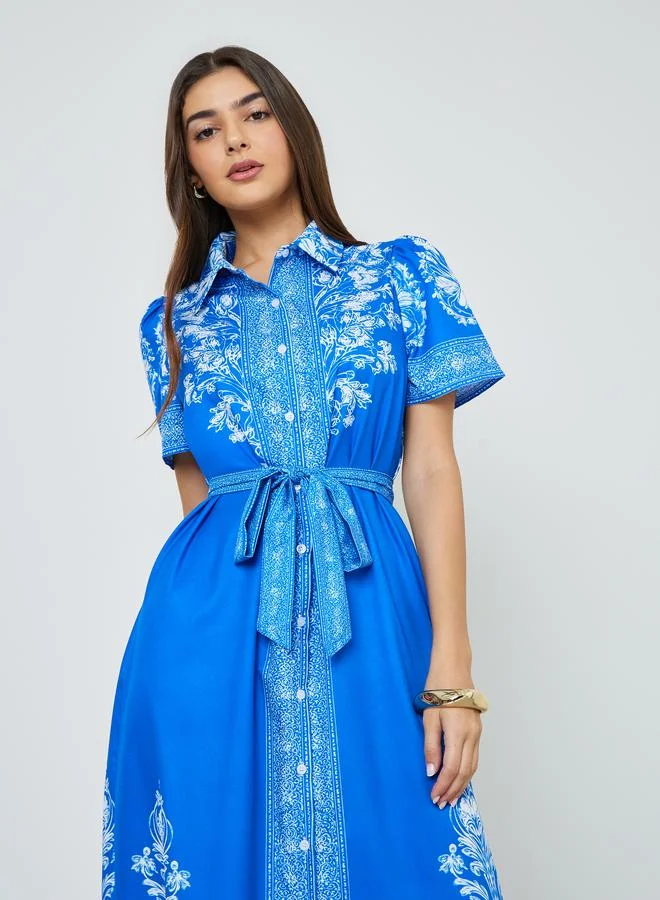 Take Two Blue Graphic Short Sleeves Shirt Maxi Dress