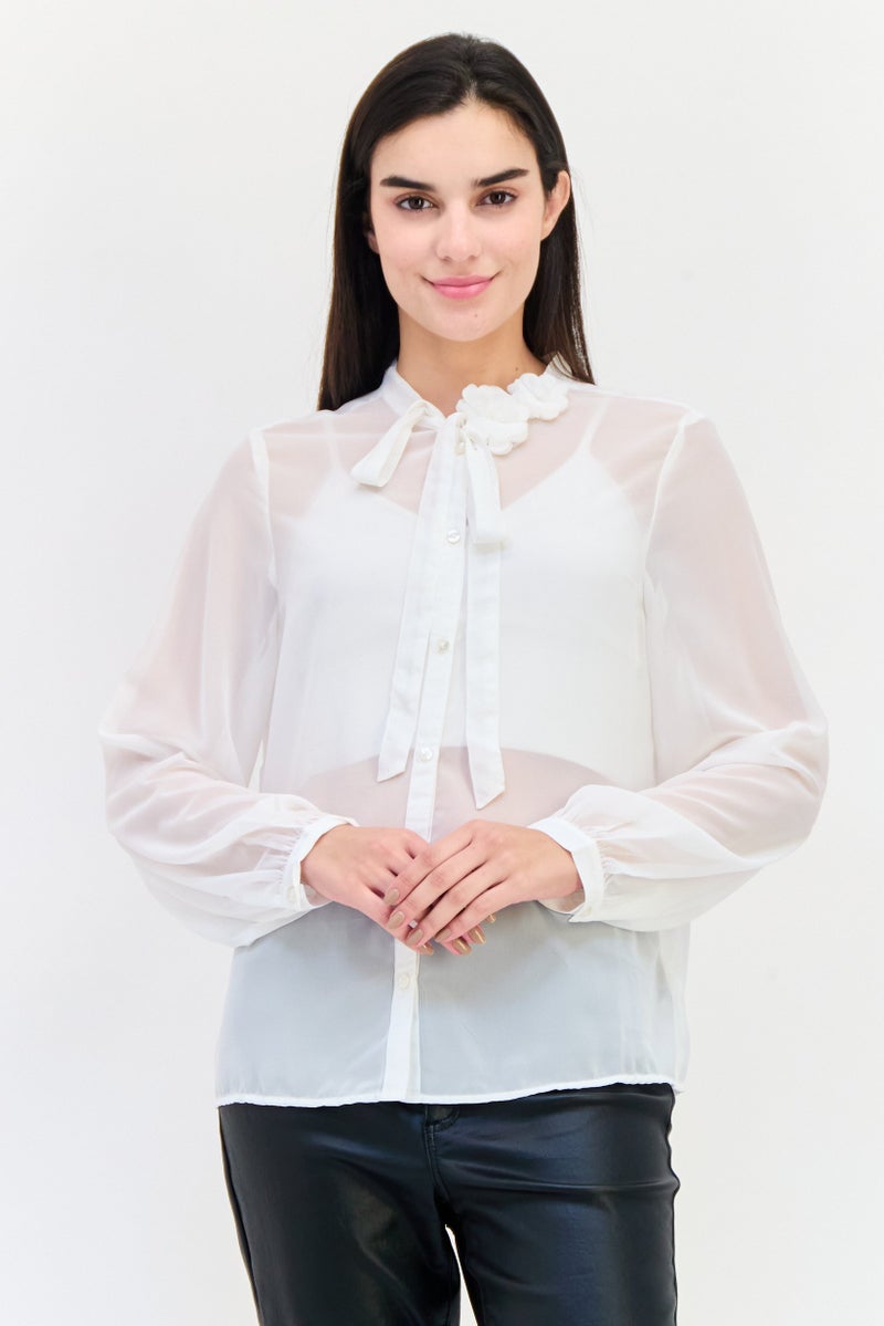 GAP Women Tie Neck Long Sleeves Solid Blouse, White - Image 1