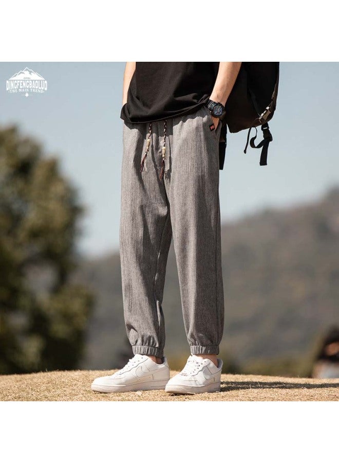Dingfengbaoluo Linen Casual Pants Men's Spring And Summer Fashion Brand Loose Sports Elastic Nine-point Pants Wx09 Gray 3XL - Image 4
