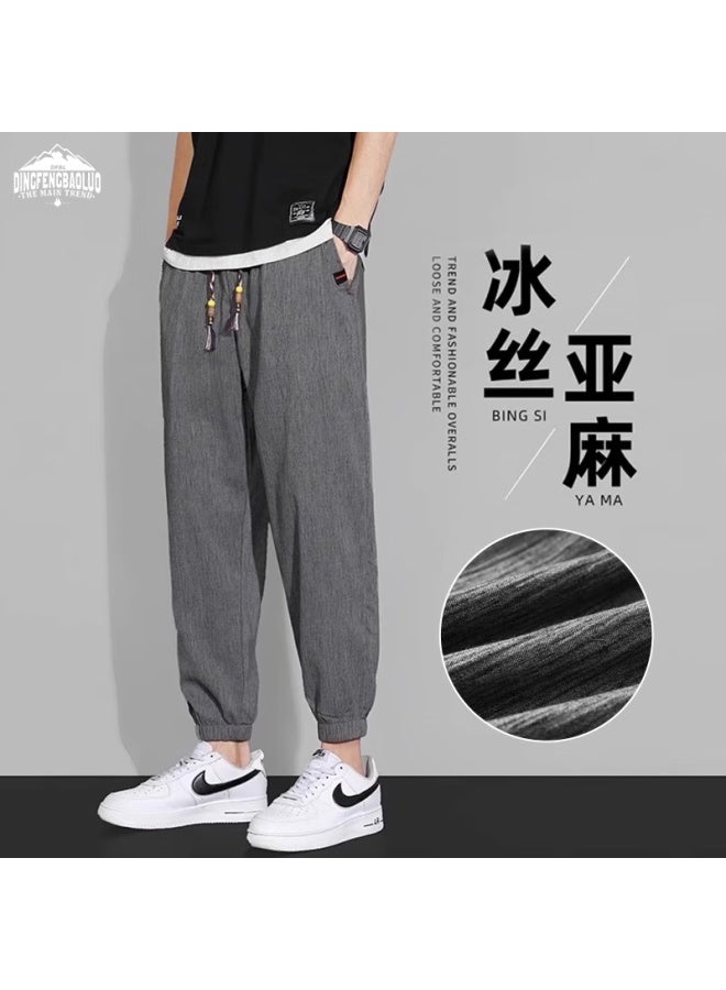 Dingfengbaoluo Linen Casual Pants Men's Spring And Summer Fashion Brand Loose Sports Elastic Nine-point Pants Wx09 Gray 3XL - Image 1